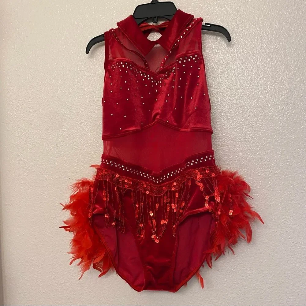 WEISSMAN solo Dance Costume red Crystal feather Leotard stoned velvet 15752 MA